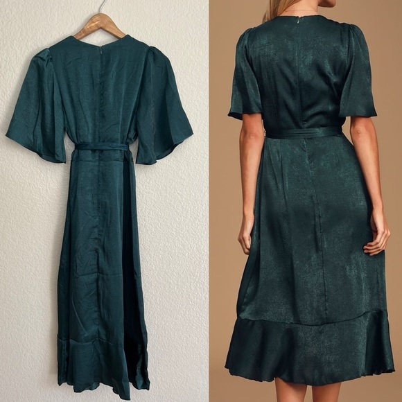 Wrapped Up In Love Dark Green Satin Faux-Wrap Midi Dress - Picture 3 of 8